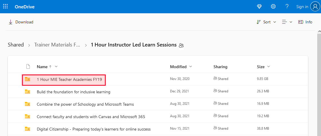 Screenshot of the MIE Trainer resources OneDrive, with the '1 hour MIE Teacher Academies FY19' folder highlighted.