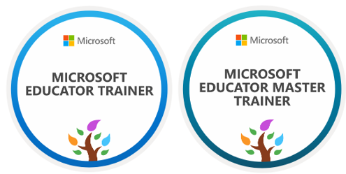 Illustrations of the Microsoft Educator Trainer badge and the Master Trainer badge.