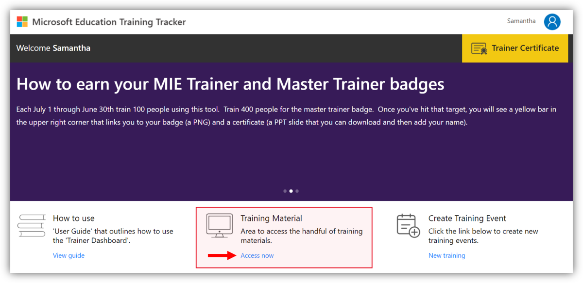 Screenshot of the Training Tracker landing page, showing the link to the training materials.