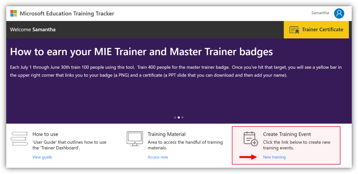 Screenshot of the Training Tracker dashboard page indicating where the New training link is located.