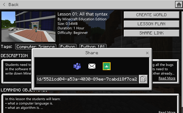 Screenshot of the share link feature in Minecraft Education.