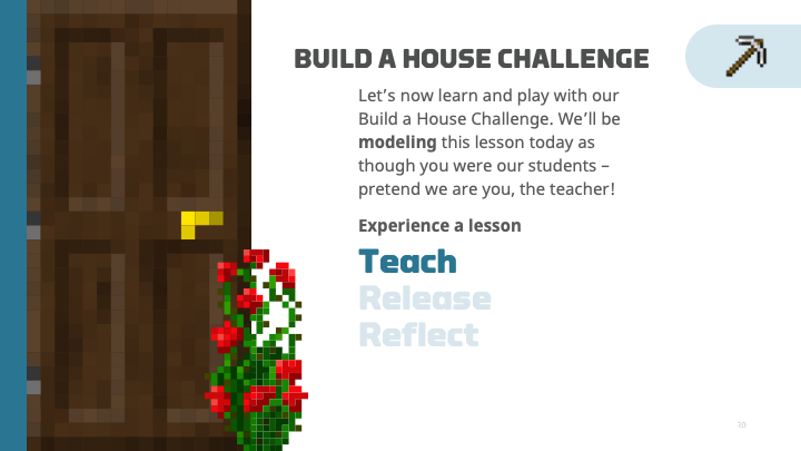 Illustration of the Minecraft Education teach, release, reflect model highlighting the teach stage.