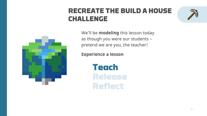Illustration outlining the teach, release, reflect model discussed in the narrative to teach the Recreate the Build a House challenge.