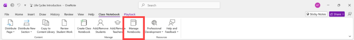 Screenshot of the manage notebooks option in the OneNote class notebook tab.