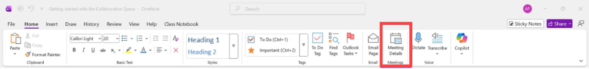 Screenshot of the meeting details option in the OneNote home tab.