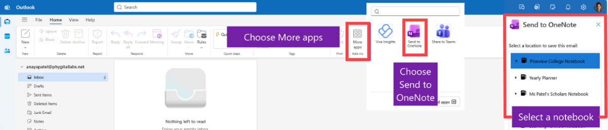 Screenshot of the send email from Outlook to OneNote option.
