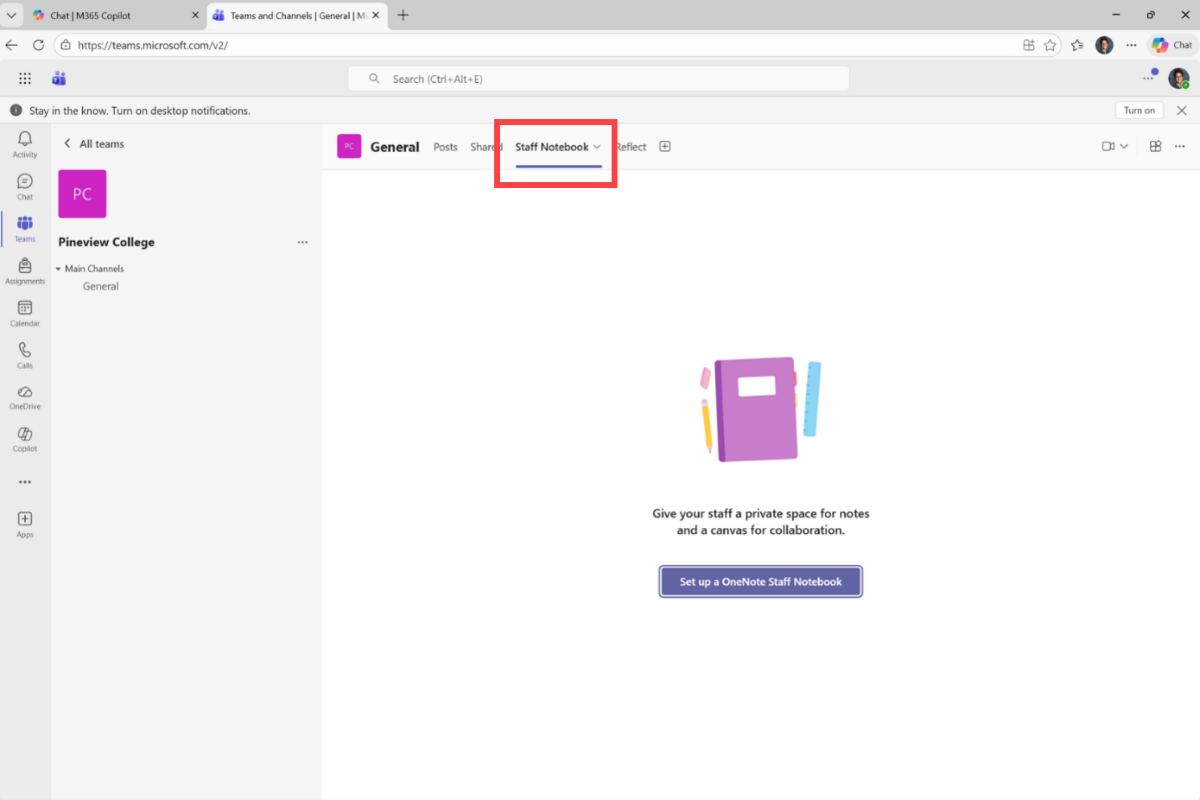 Screenshot of set up Staff Notebook option.