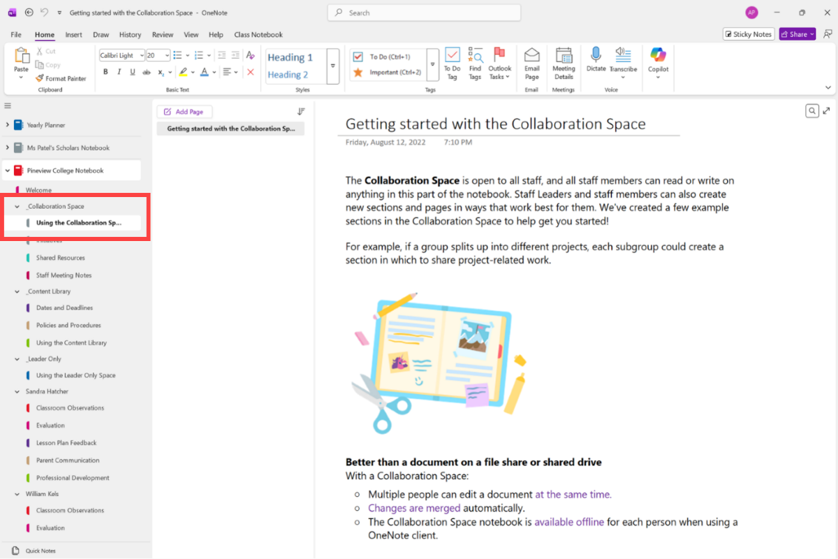 Screenshot of the using the Collaboration Space screen.