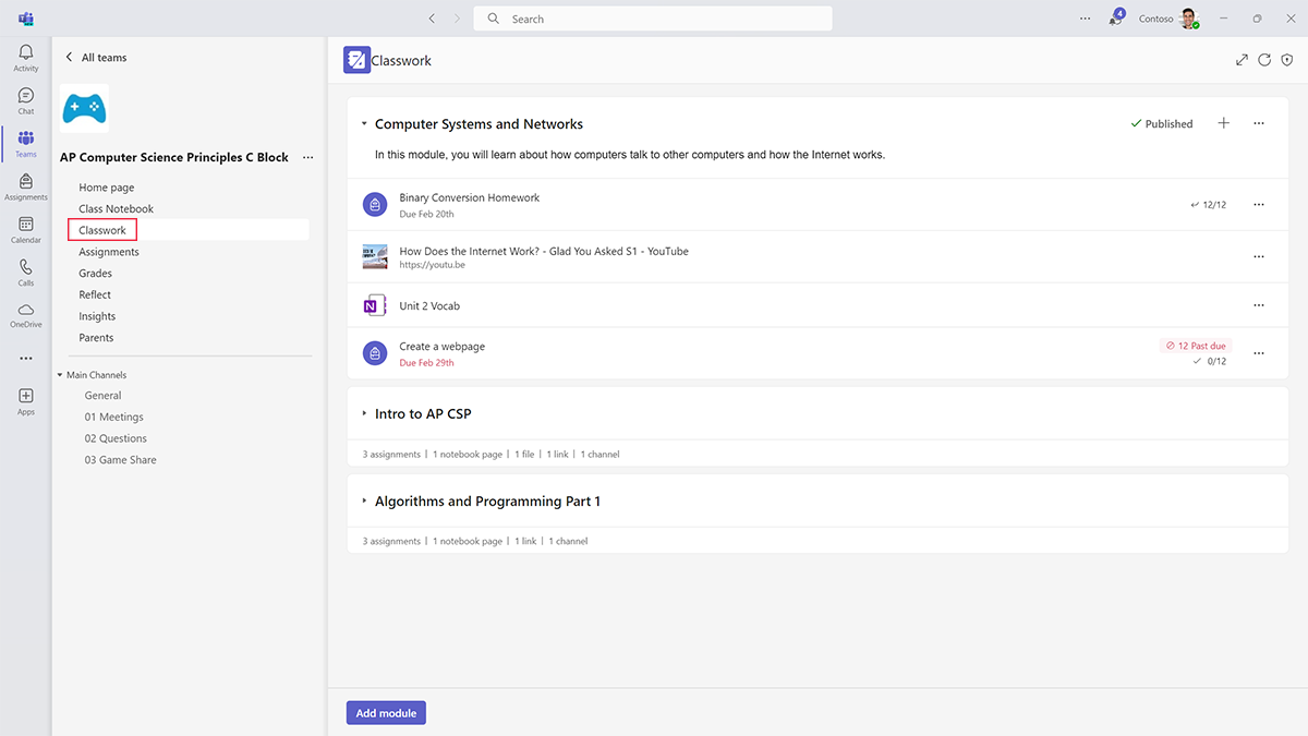Screenshot of class resources and assignments organized in Classwork in Microsoft Teams for Education.
