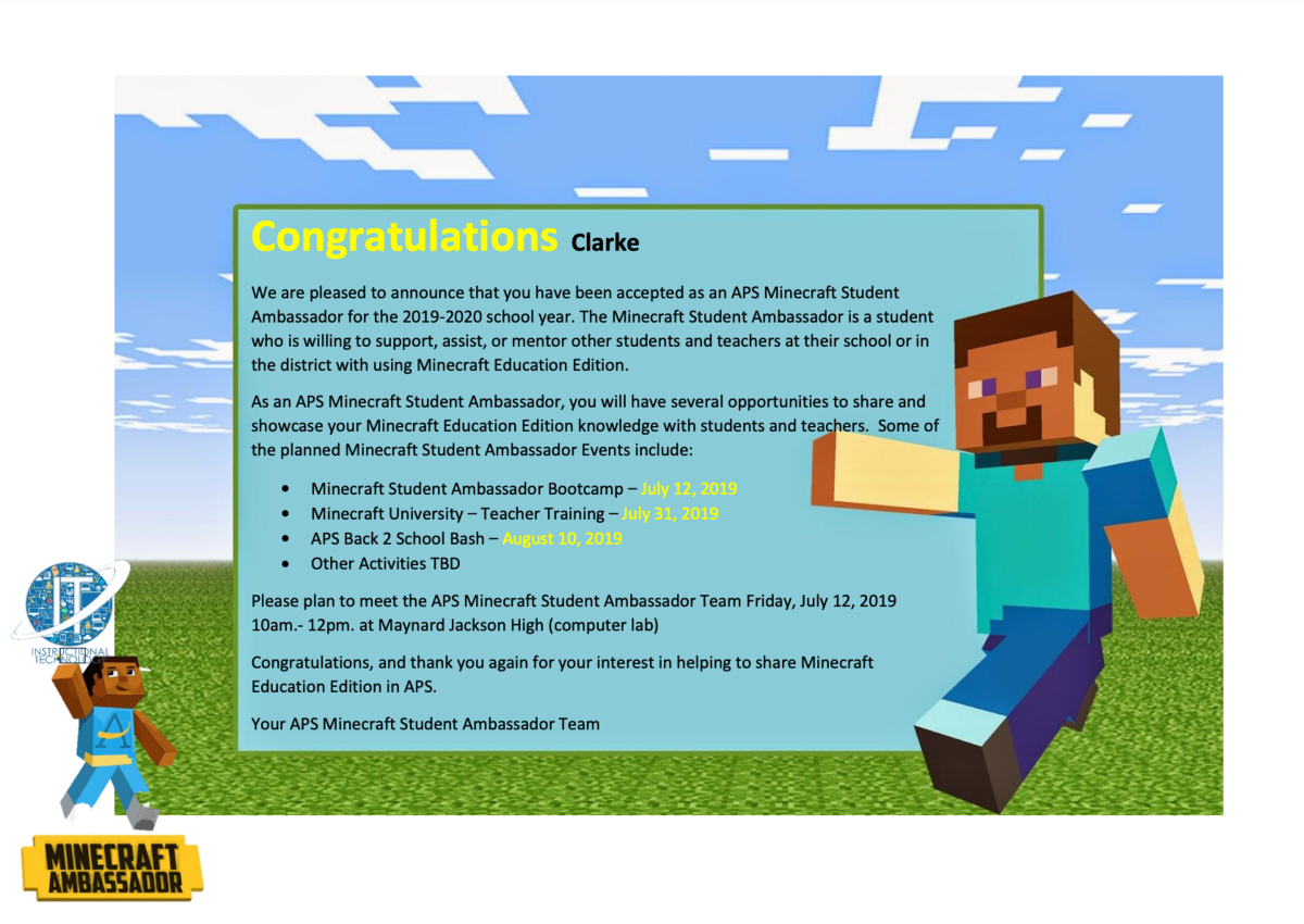 Illustration of a message congratulating students on becoming members of a Minecraft Student Ambassador program.