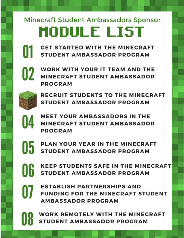 Illustration listing the eight modules in the Minecraft Student Ambassador Sponsor learning path with module 3 highlighted.