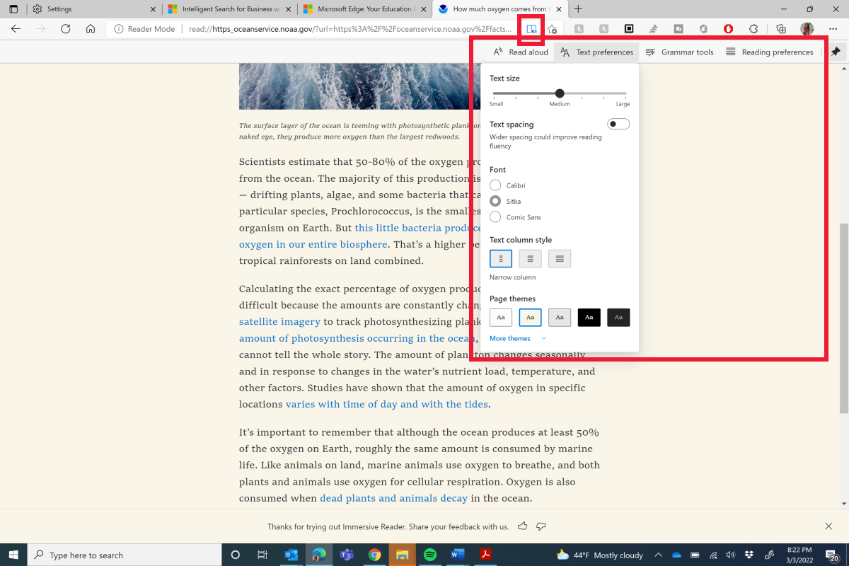 Screenshot of an article open in Immersive Reader with the Text preferences menu open.