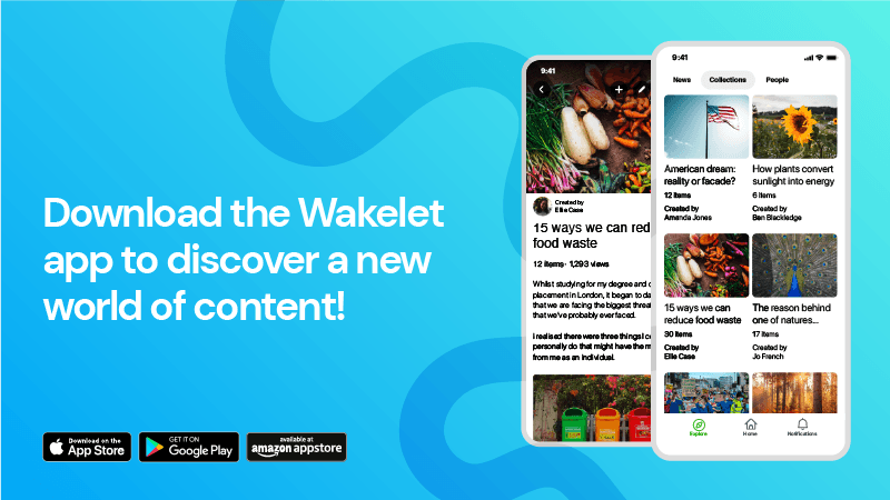 Screenshot of the Wakelet app with the text: Download the Wakelet app to discover a new world of content.
