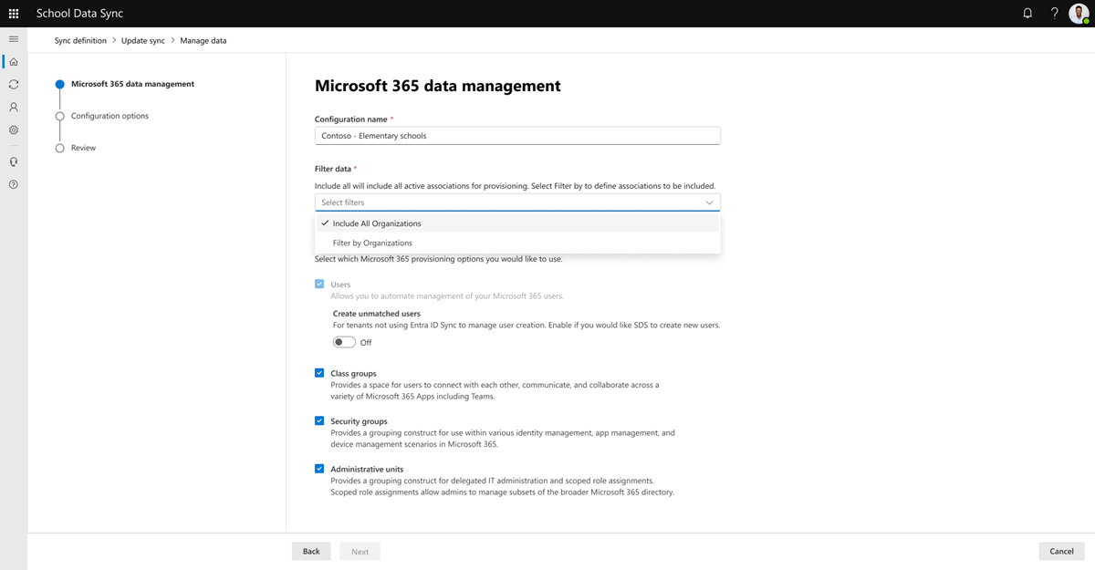 Screenshot that shows provision type options for managing Microsoft 365 data in School Data Sync.
