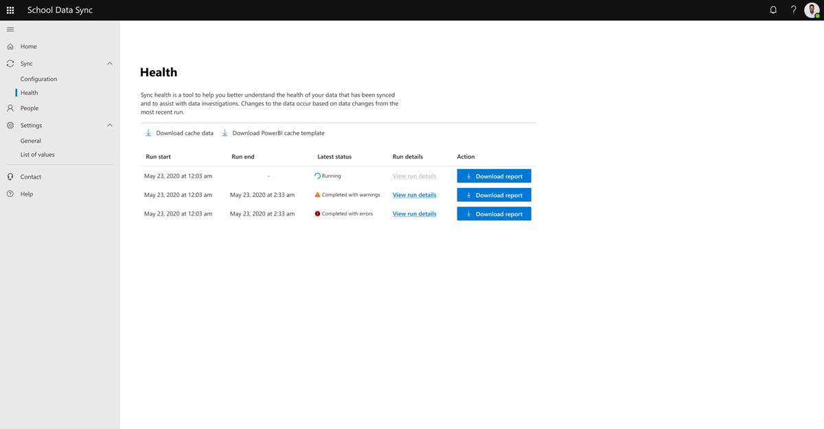 Screenshot showing the School Data Sync health page with option to Download copy of cache data.