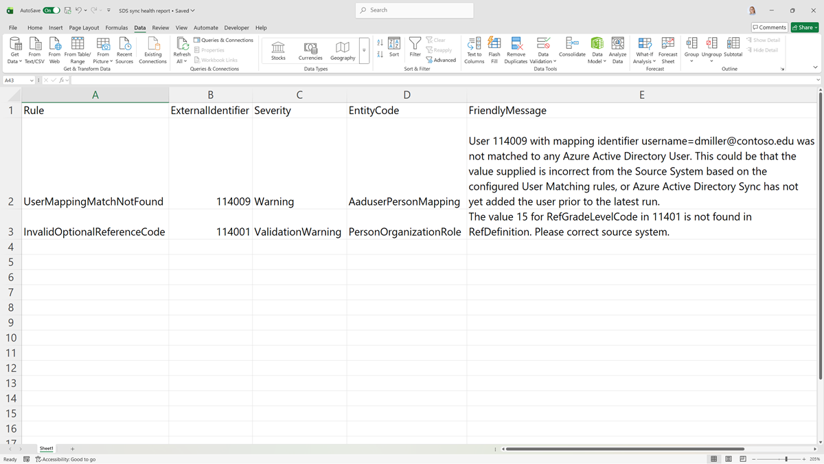 Screenshot of a sample sync health validation report.