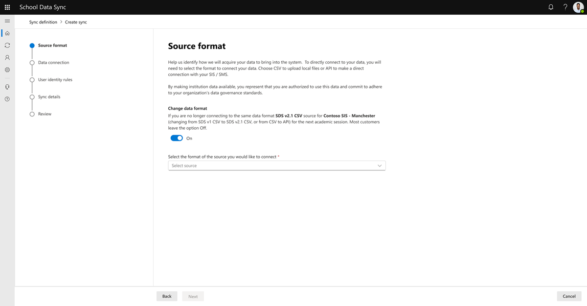 Screenshot of the School Data Sync toggle to change the data format.