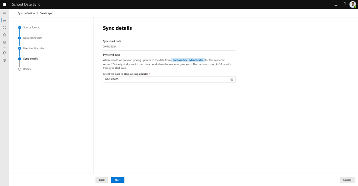 Screenshot showing the setting for the sync end date in School Data Sync.