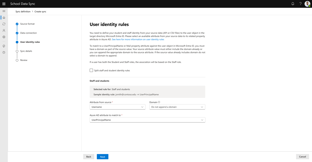 Screenshot showing School Data Sync user identity rules configuration options.