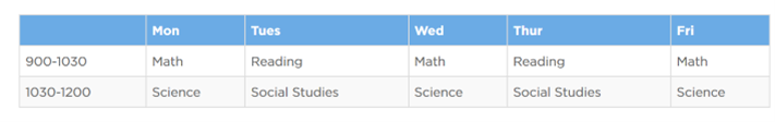 Screenshot of an example student daily schedule from Monday to Friday in Excel.