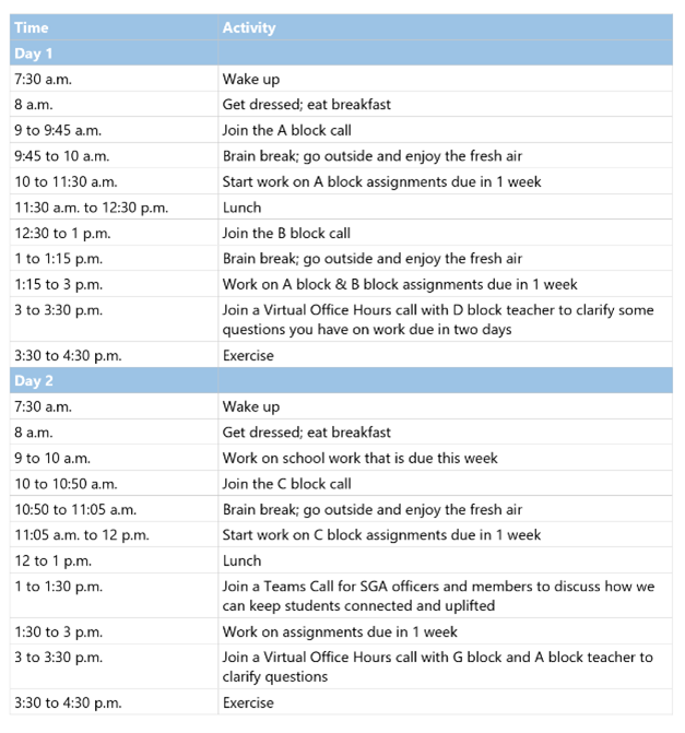 Screenshot of a sample student's day planned out in Excel -link to text version follows.