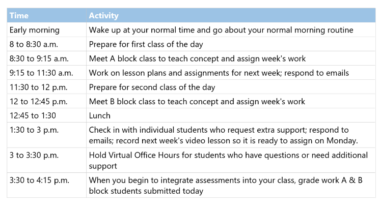 Screenshot of an example teacher's day schedule in Excel - link to text version follows.