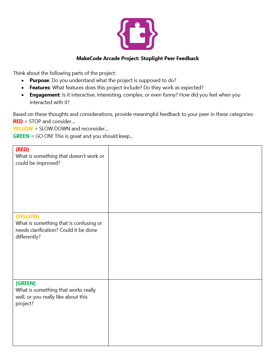 Illustration of MakeCode student feedback form.