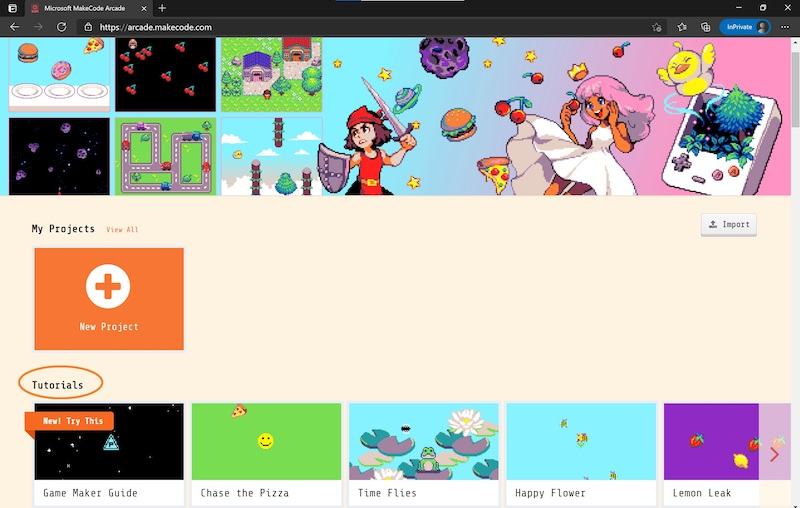 Screenshot of the MakeCode Arcade main page where you can find tutorials.