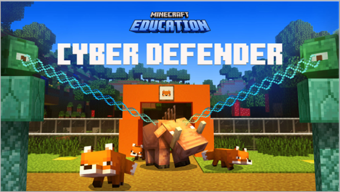 Screenshot of Minecraft Education Cyber Defender opening screen.