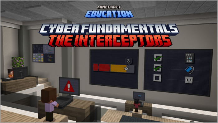 Screenshot of the Minecraft Education Cyber Fundamentals world opening screen.