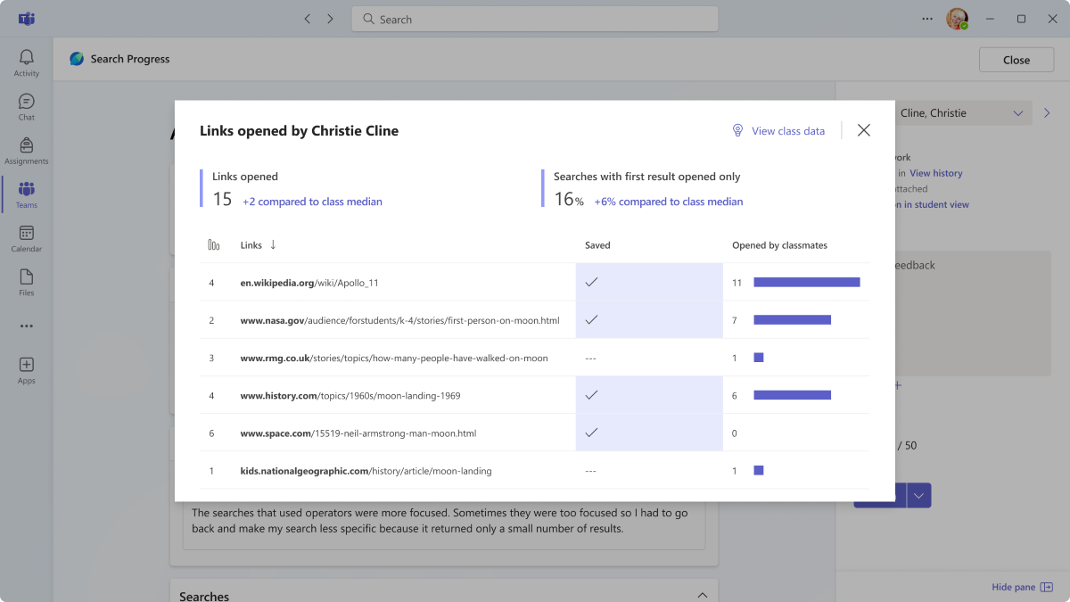 Screenshot of a student's compare to class results in Search Progress.