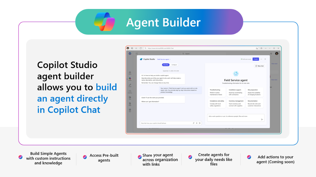 Screenshot of Copilot Agent Builder screen.