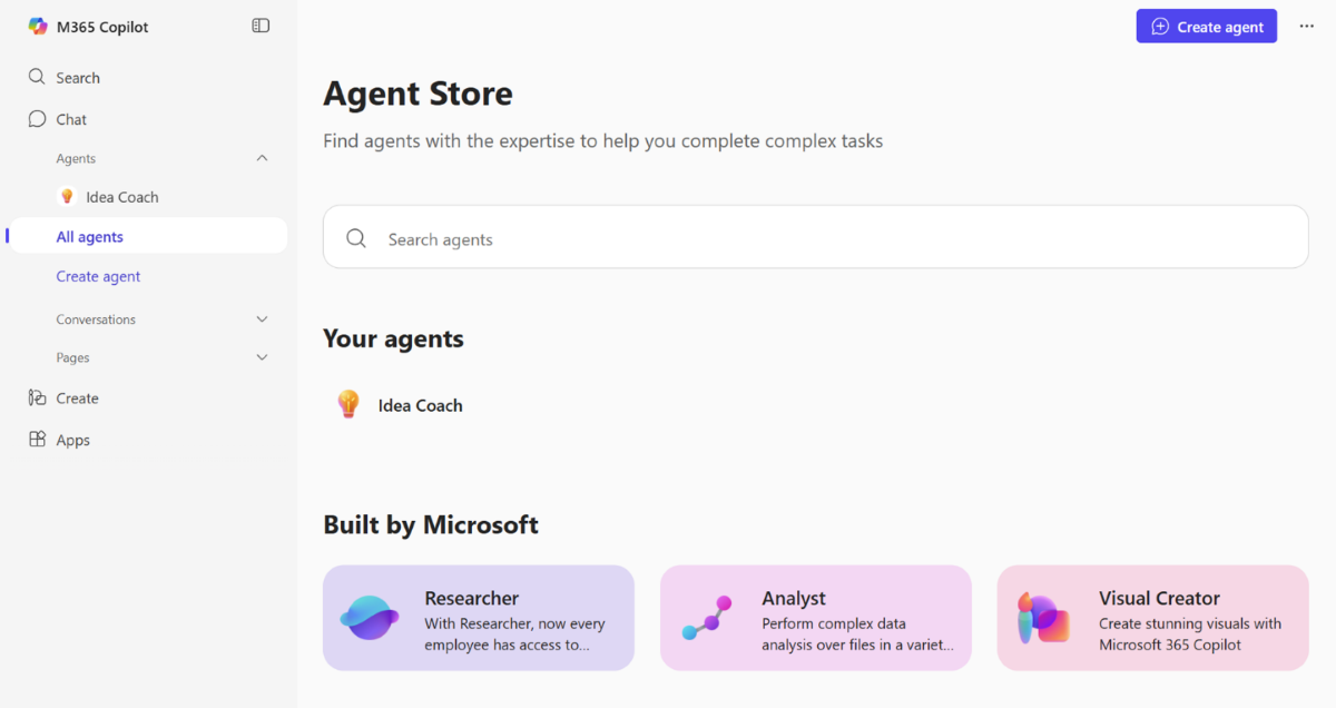 Screenshot of the Microsoft 365 Copilot Agent Store.