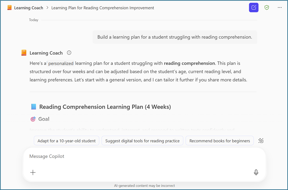 Screenshot of the example learning plan response given in the unit.