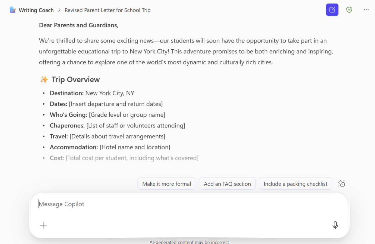 Screenshot of the trip overview example response.