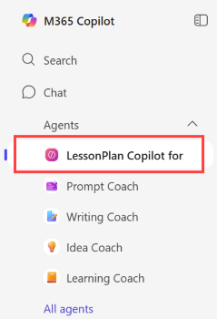 Screenshot showing the example lesson plan agent in the Copilot side bar.
