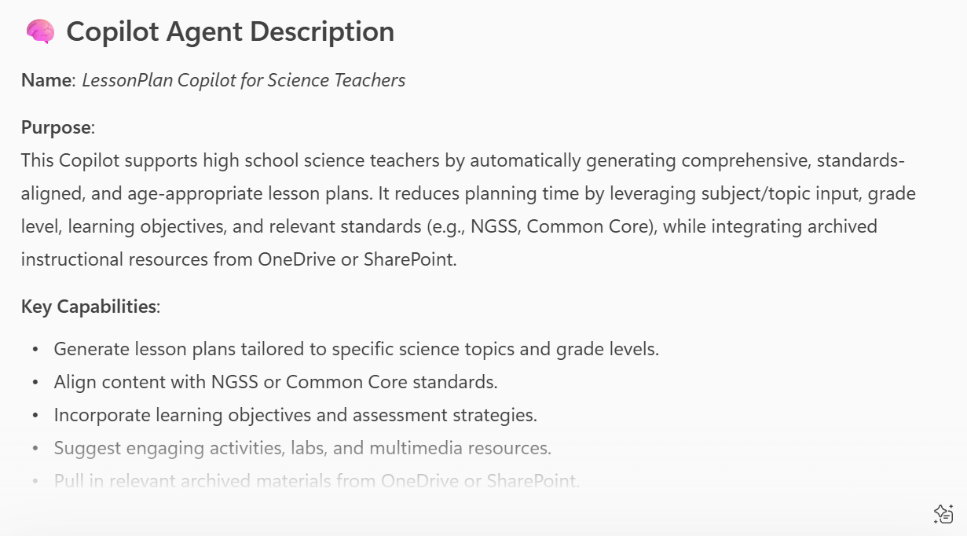 Screenshot showing the example response describing the lesson plan agent.