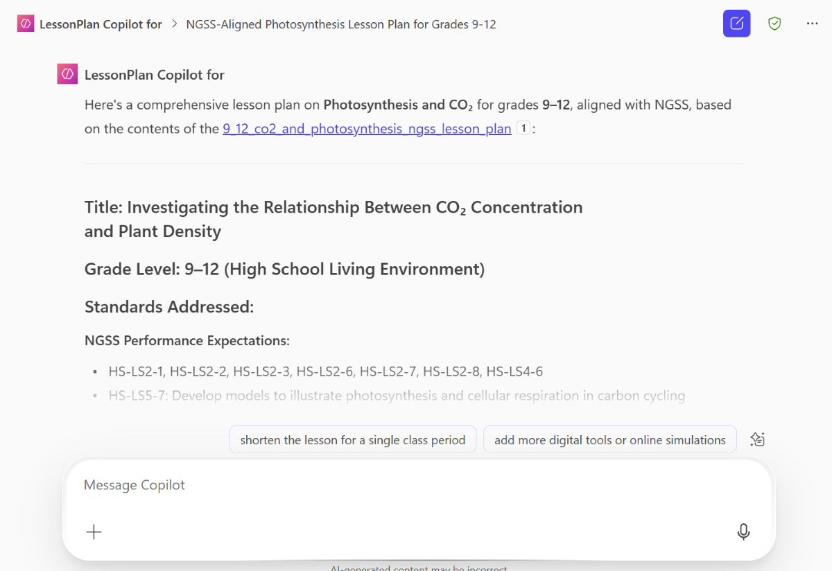 Screenshot of example response to lesson plan prompt.