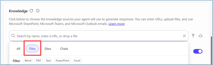 Screenshot showing the Files button on the Copilot Studio Configure tab.