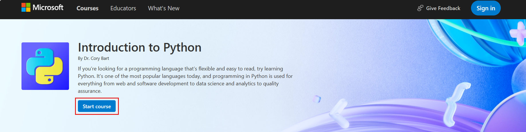 A screenshot of the Introduction to Python course page with the Start course button highlighted.