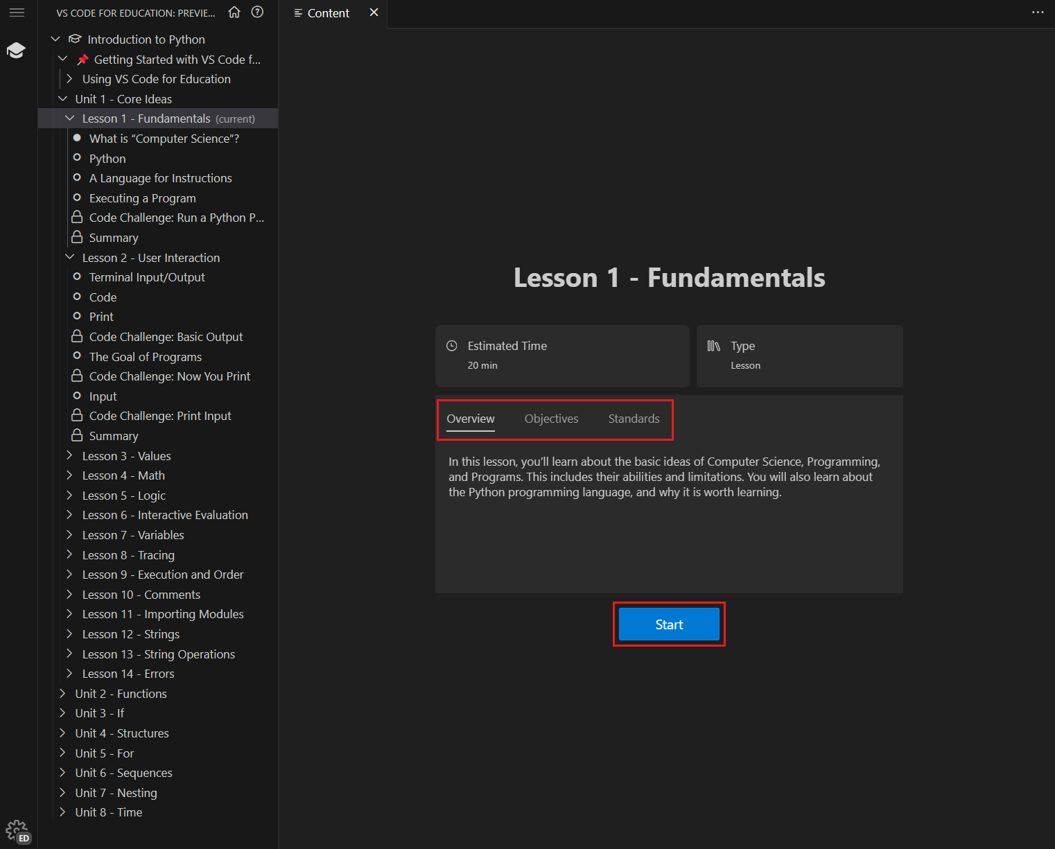 A screenshot of the lesson detail page with the Overview, Objectives, and Standards tabs and the Start button highlighted.