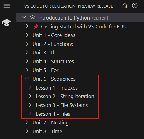 A screenshot that shows the four lessons in the Sequences unit.