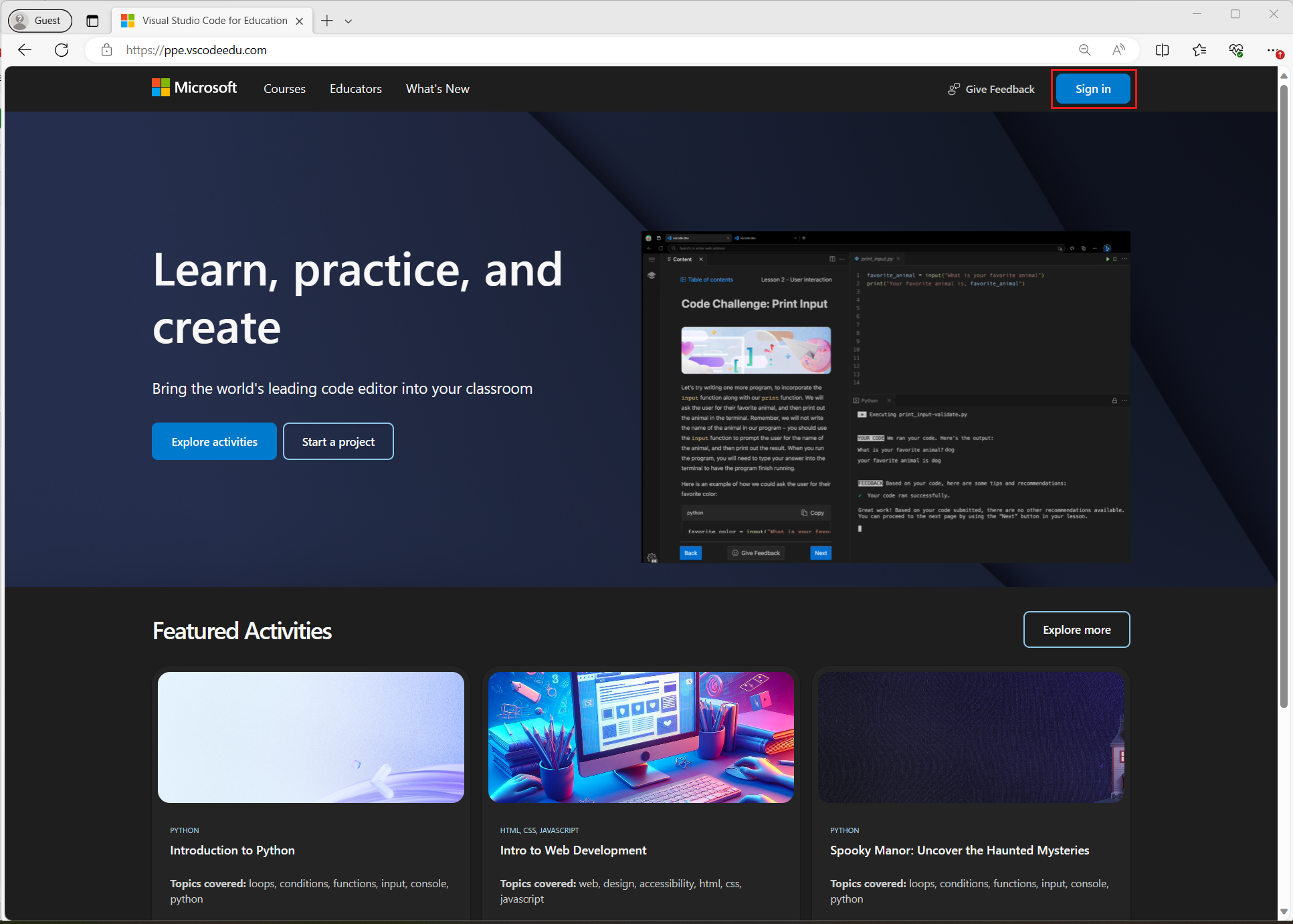 A screenshot of the Visual Studio Code for Education sign-in page with the Sign in button highlighted.