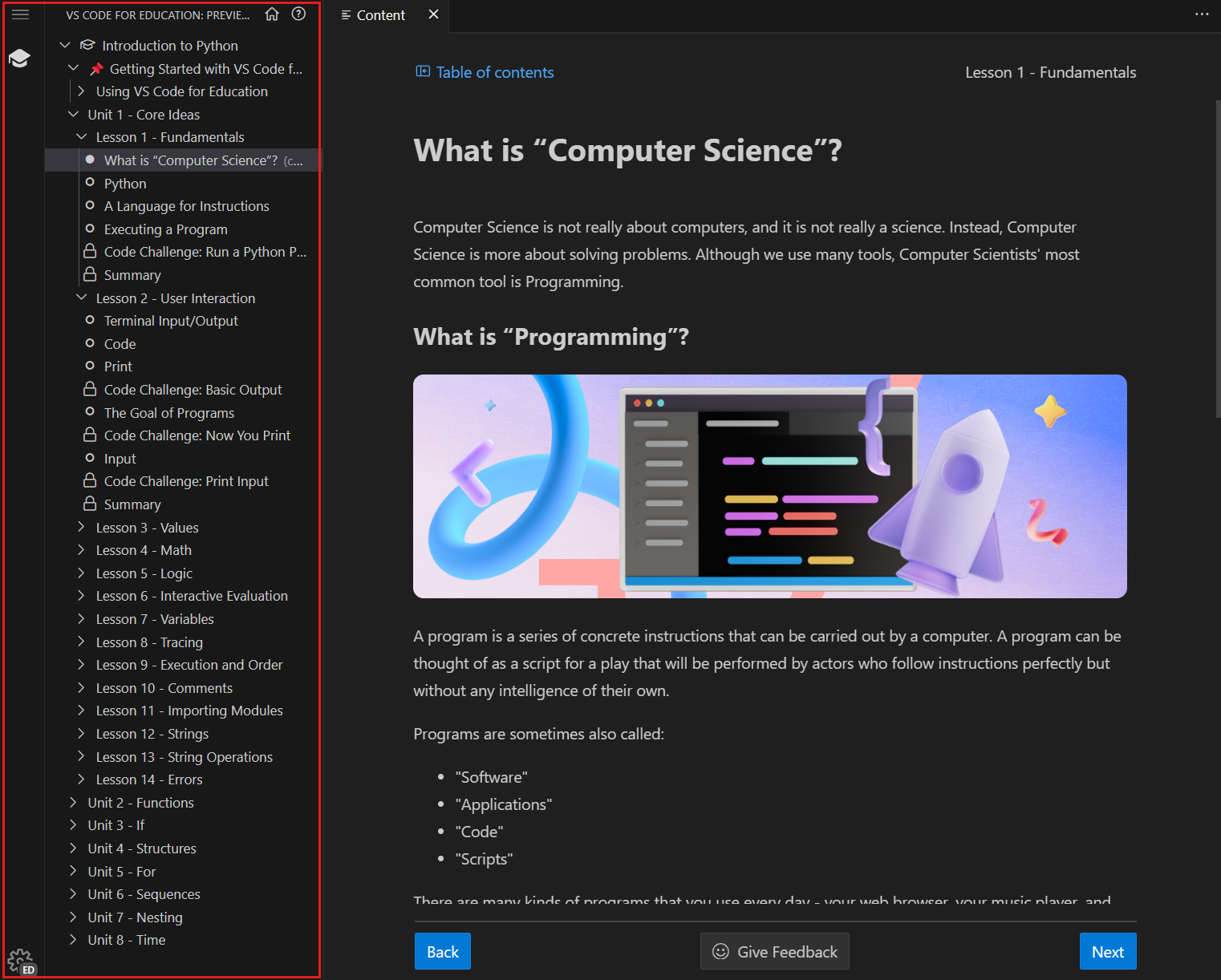 A screenshot that highlights the table of contents on the left side of the lesson page.