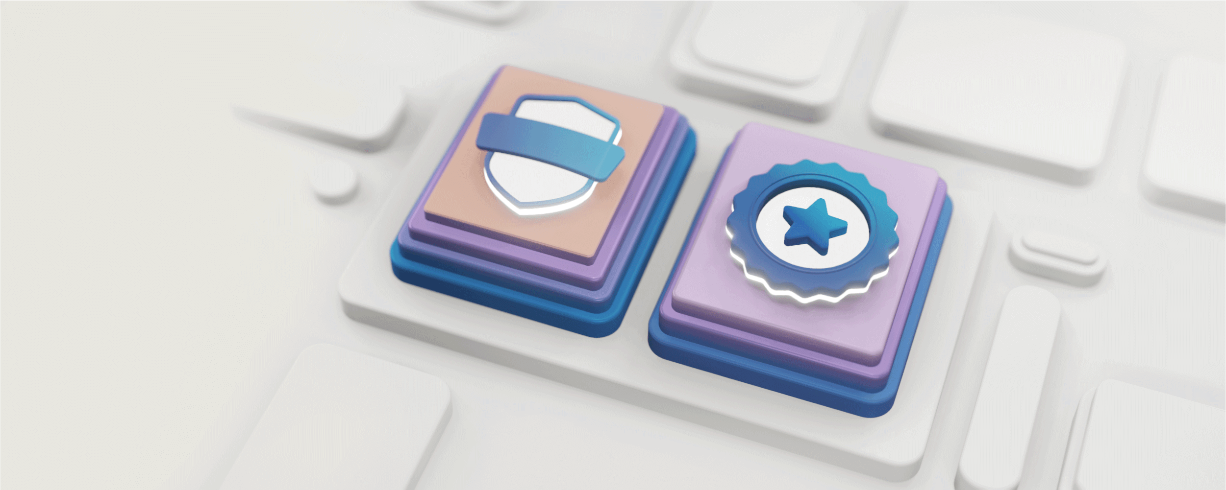 A close up of a keyboard with two keys, one with a shield depicting a certification log, another with a blue star inside a white and blue circle