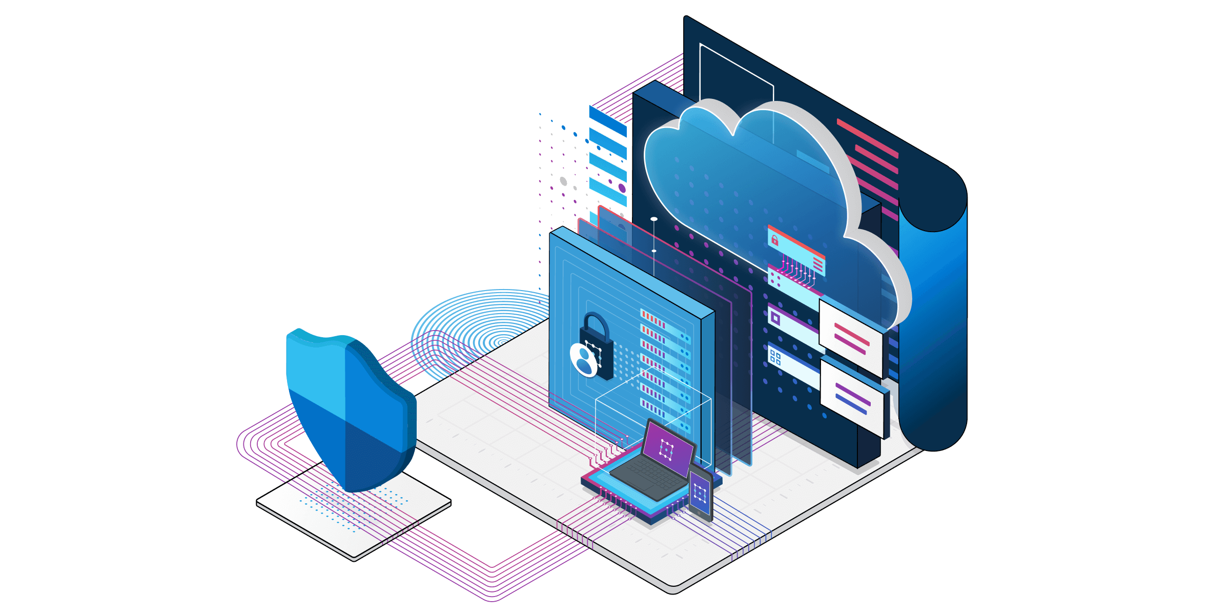 An isometric illustration of technical components for defender services.