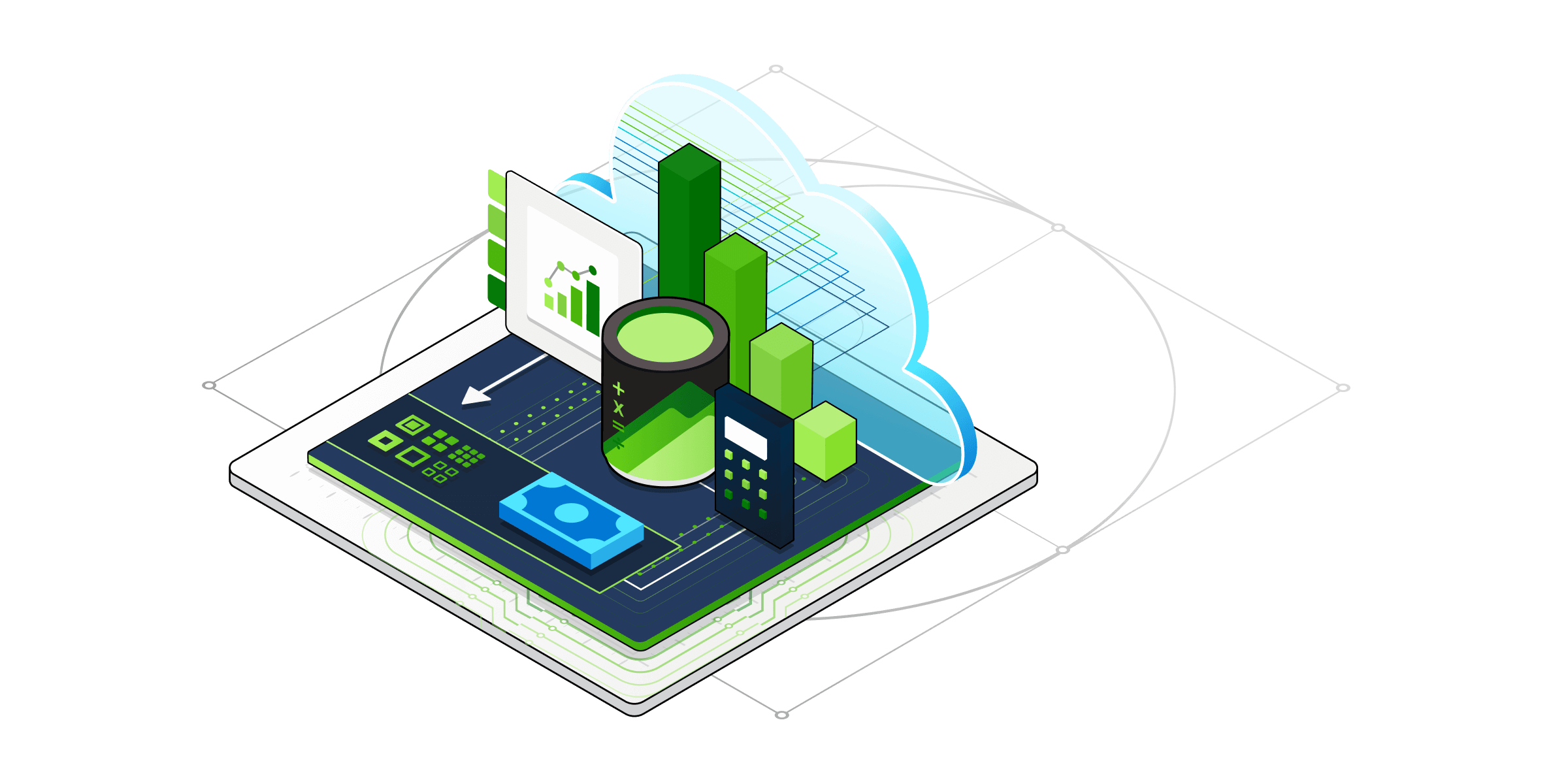 An isometric illustration of technical components for finance services.