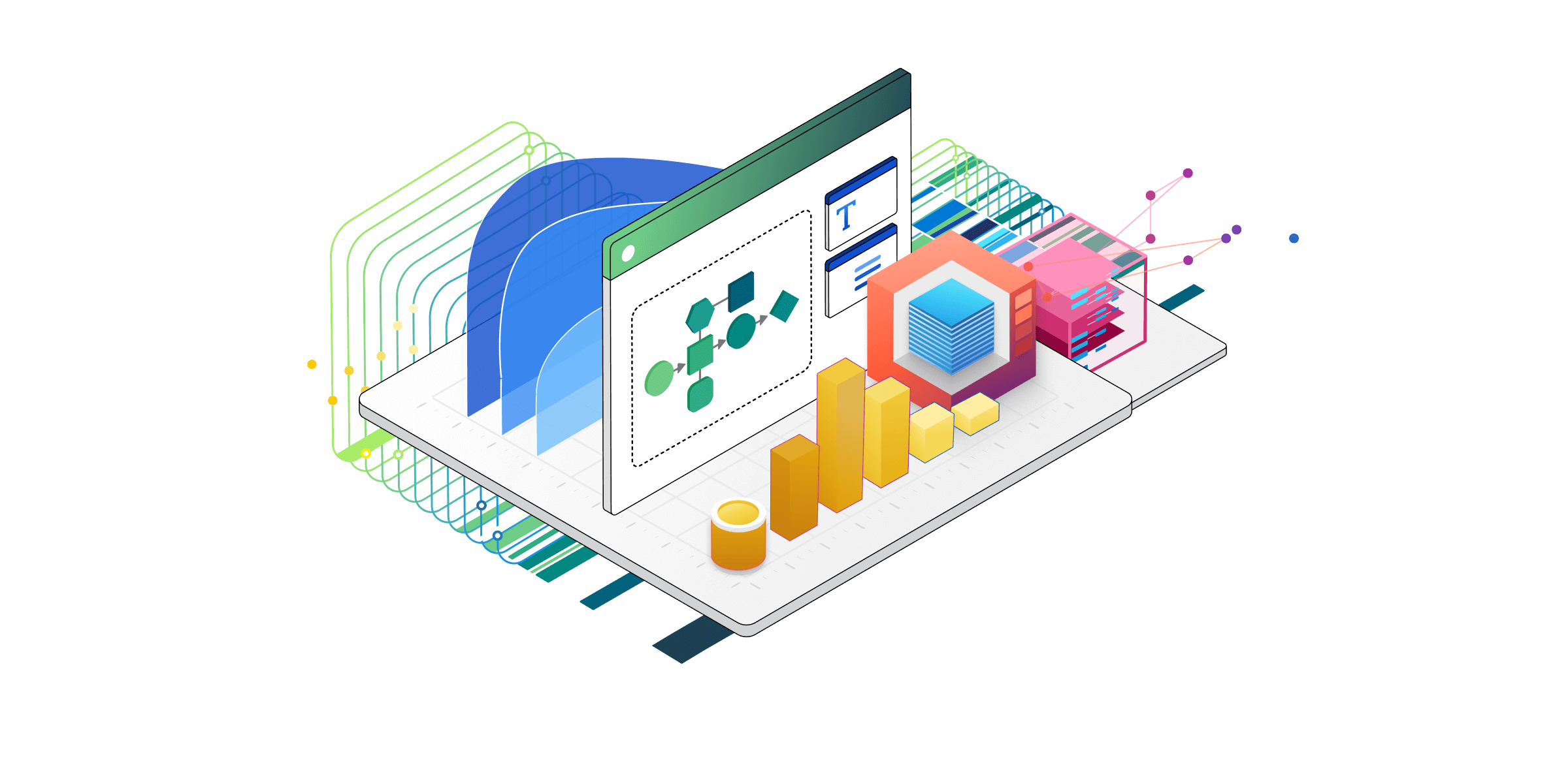 An isometric illustration of technical components for Power Platform services.
