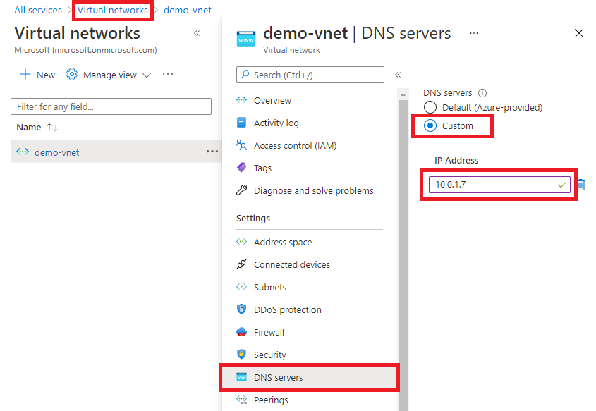 Screenshot showing how to add a custom DNS server to an existing virtual network.