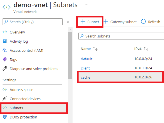 Screenshot showing how to add a subnet to a virtual network. The new subnet uses a 26-bit mask.